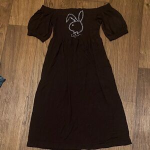 Brown Off-Shoulder Dress with Bunny Design